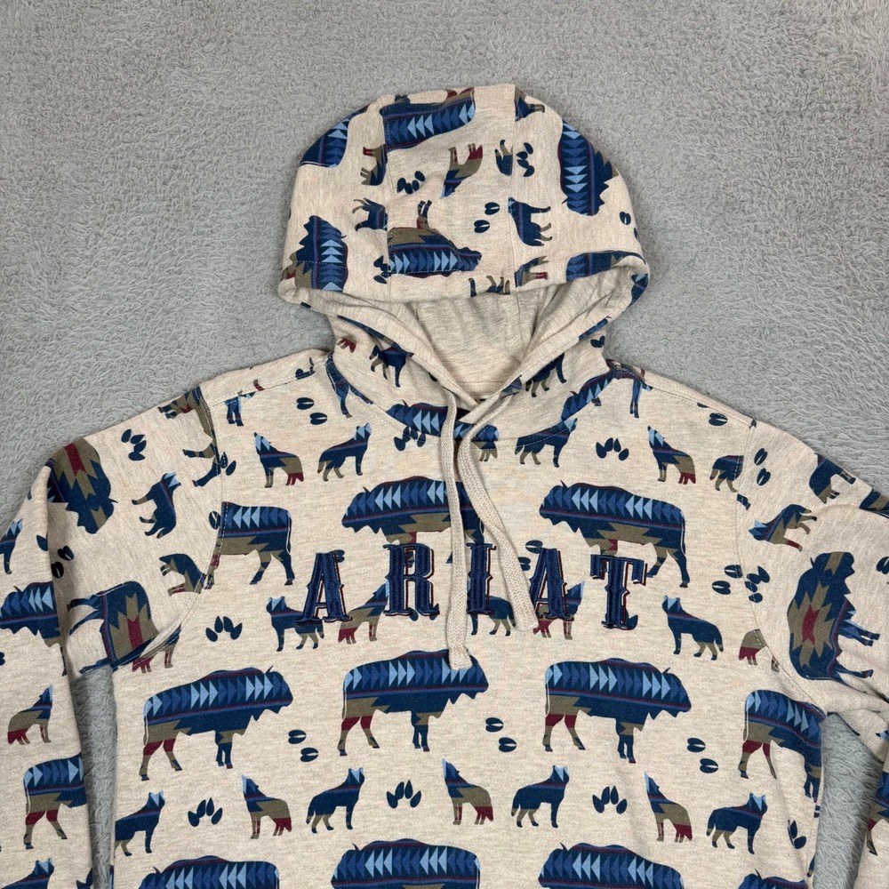 Ariat Re-AL Womens Small Buffalo Wolf Southwestern Fleece Hoodie Oatmeal Blue - Picture 3 of 12